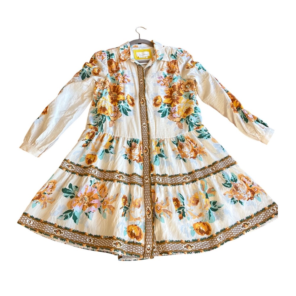 Anthropologie Floral Tiered Mini Dress XS Cream Boho Button Front‎ OB1447521